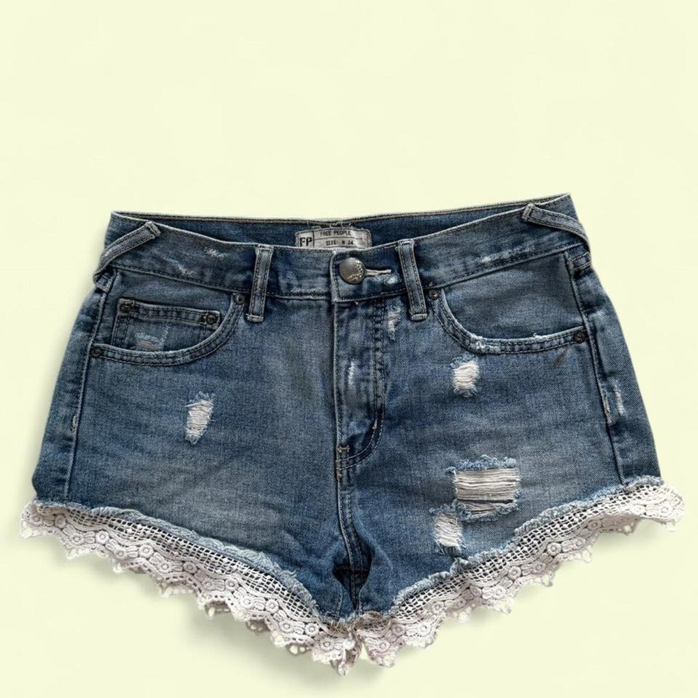 Free People Denim Low Waist Shorts with Lace Trim